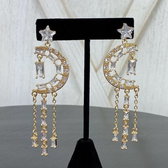 Natasha Rhinestone Crescent Moon Dangle Earrings Celestial - Picture 1 of 8